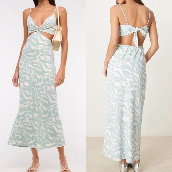 NWT ABERCROMBIE & FITCH cut out waist maxi slip dress in green floral print XS - Picture 2 of 9